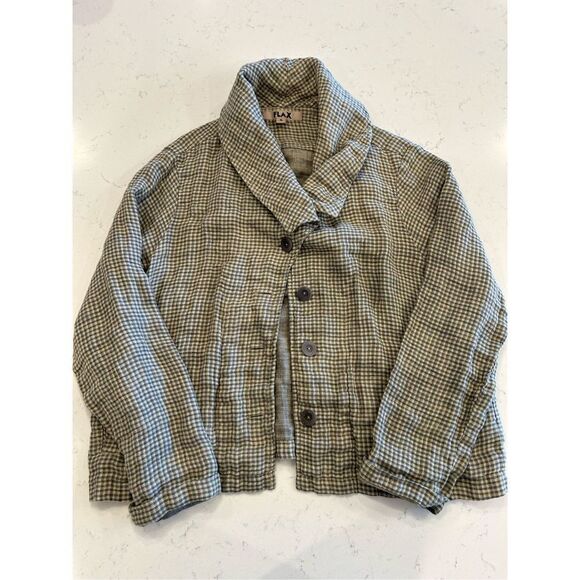 Flax button front blue cream checkered jacket collar small linen - Picture 1 of 7